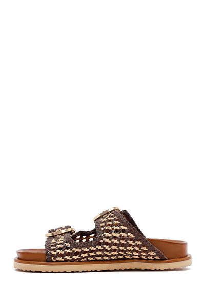 Derimod Women's Brown Double Buckle Straw Leather Slippers 25Sfd5506M7
