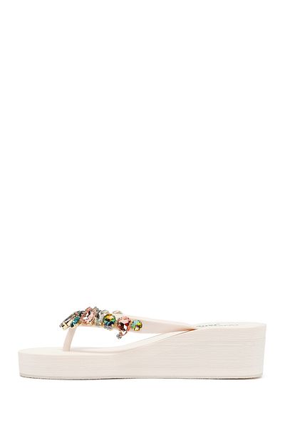 Derimod Flip-flops albi pentru femei, papuci cu toc cu pană, 25SFE4921PV