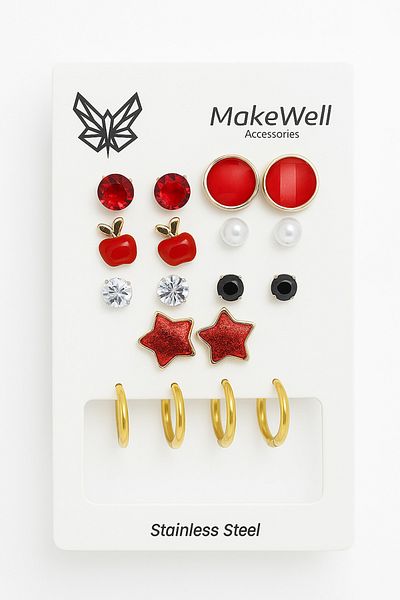 MakeWell Steel Star Butterfly and Round Design Earring Set Pink White Yellow Solitaire Pearl 9'Lu Earring Set