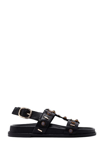 Derimod Women's Black Stone Leather Sandals 25Sfd550818