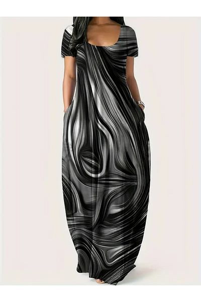 Modayakamoz Women's Short Sleeve Round Neck Pocket Loose Printed Single Jersey Dress