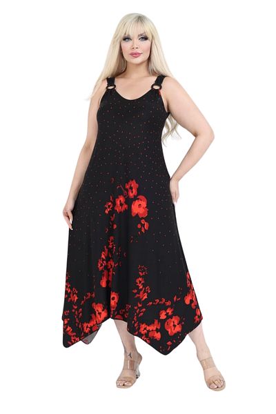 MELSAY Women's Black V-Neck Red Polka Dot Poppy Pattern Suspender Dress