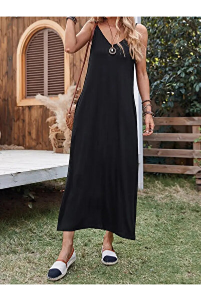 MİO Dua Clothing Women's Rope Strap Deep Wide V-Neck Long Viscose Dress