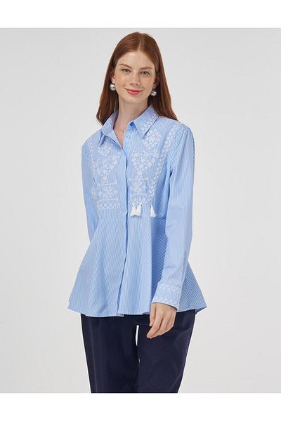 Kayra Etamin Embroidered Cotton Blouse Blue