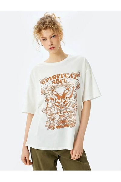 Koton Printed Crew Neck Short Sleeve Oversize Ecru Women's T-Shirt 5Sal10357Ik