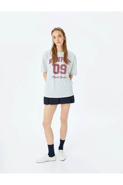 Koton College Printed Crew Neck Short Sleeve Oversize Gray Women's T-Shirt 5Sal10342Ik