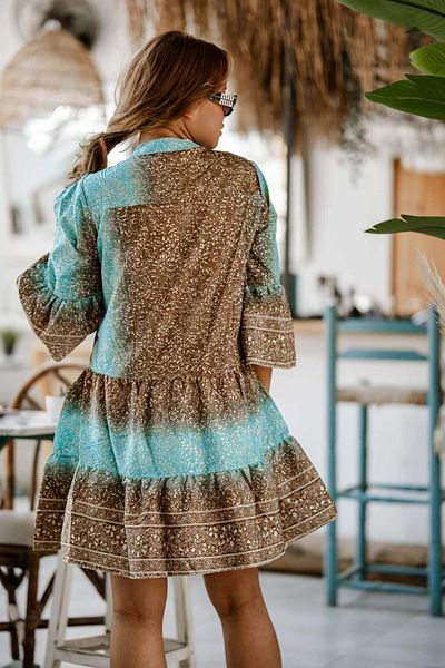 Miss Boheme Turquoise Color Half Button Detailed Short Silk Dress