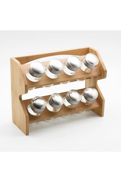 Generic طقم مرطبان توابل من الخيزران من Bien Servi مكون من 8 قطع مع حامل شفاف وبني G18-X001
