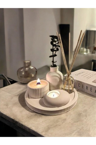 X Home Accessory Dekoratif Tepside 5li Set Çizgili Vazo, Ahşap Fitil Mum Ve Oda Kokusu(TEALİGHT MUM DAHİL DEĞİLDİR)