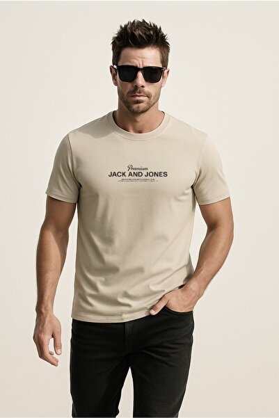 Jack & Jones J&J T-Shirt Men's Chest Logo Printed T-Shirt Beige