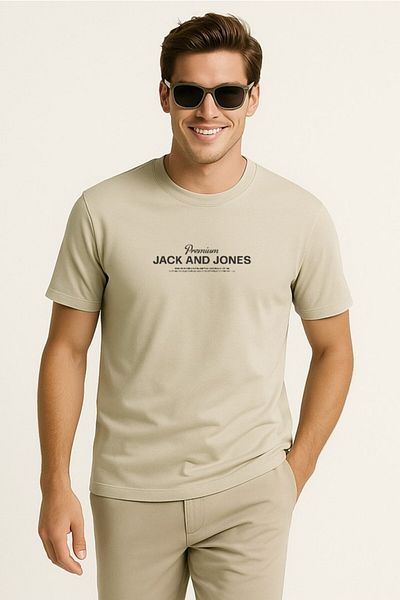 Jack & Jones Λογότυπο Crew Neck Τυπωμένο T-Shirt Μπεζ