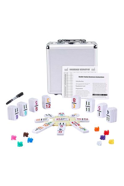 AcronicPro Domino Mexican Train 12 Set, Aluminum Box, For Fun Game