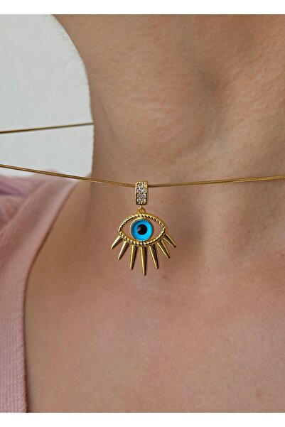 Home Sihra Accessories Steel Chain Blue Color Eye Detail Necklace Gold Color