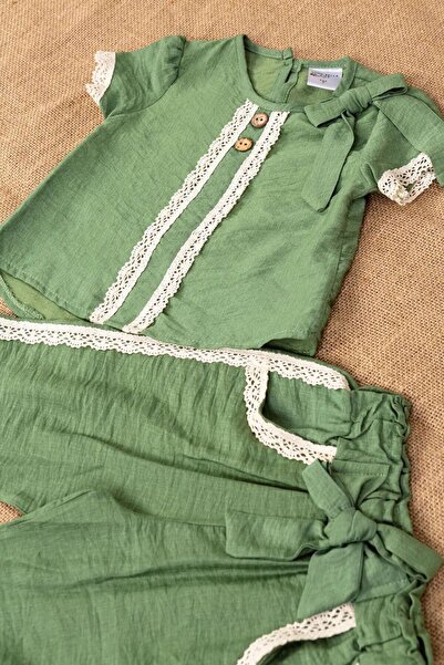 lumo bella kids Girls' Lace Detailed Bow and Button Decorated Summer Double Suit