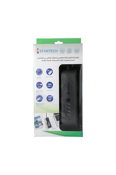 Generic StarTech 2860W 13A 6-Way 4-USB Port with Type-C Power Strip Universal Extension Cord Black 3m