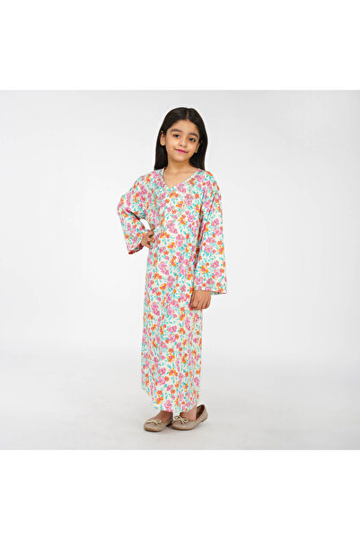 LINELLE Floral Kids Jalabiya - White Printed Maxi with V-Neck and Stone Embel...