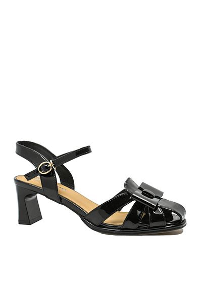 FEELİNG Sandale elegante de damă Feeling Black Lac cu fundă decorativă