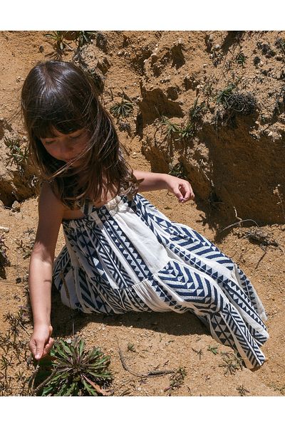 Ziddy Cotton Ethnic Pattern Dress for Girls, White/Blue