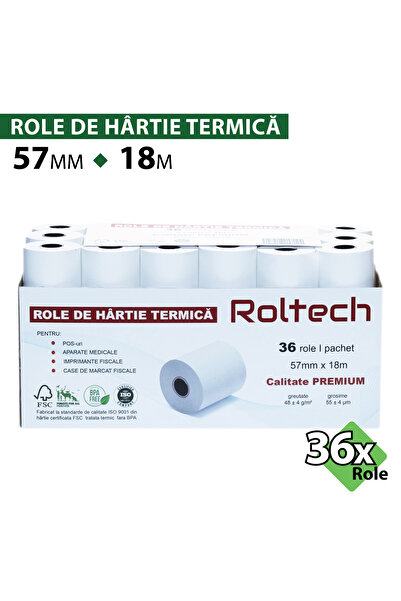 ROLTECH Rolă hârtie termică ROLTECH, 57mm x 18m, tub 12mm, 48g, 36 role/bax