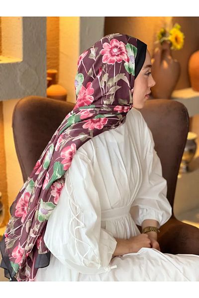 Modakaşmir Fiori Pattern Lina Shawl - Black Claret Red