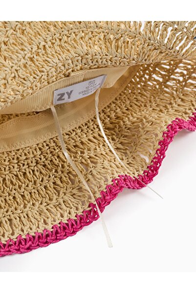 Ziddy Straw Hat with Trim for Girls, Beige/Pink