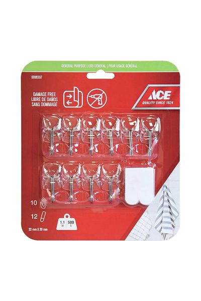 ACE 10-Piece Damage Free General Purpose Adhesive Hook with Strips Clear 2.2 x 3cm
