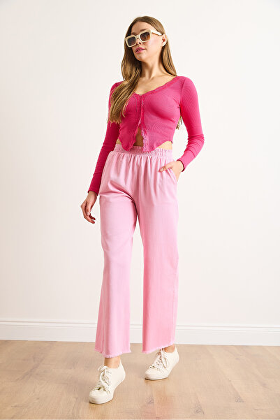 Olalook Women's Pink Elastic Waist Pocketed Leg Tassel Detailed Washable Gabardine Trousers Pnt-19000351