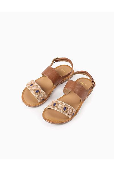 Ziddy Leather Sandals with Beads for Girls, Camel