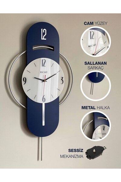 DEKORANLA Lacivert Dekoratif Duvar Saati, Sessiz Mekanizma, Hareketli Sarkaç,...