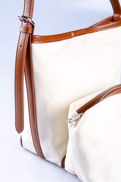 Oblavion Adjustable Hand and Shoulder Bag with Tan Piping Detail Cream Canvas Puppy Bag Gift