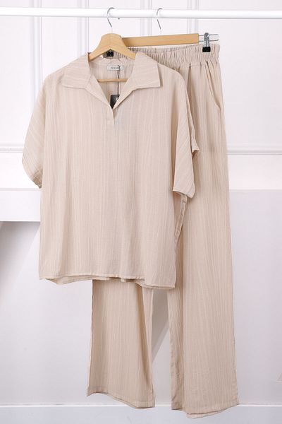 İmajButik Μπεζ πουκάμισο Off Shoulder Λινό Σετ με Παντελόνι