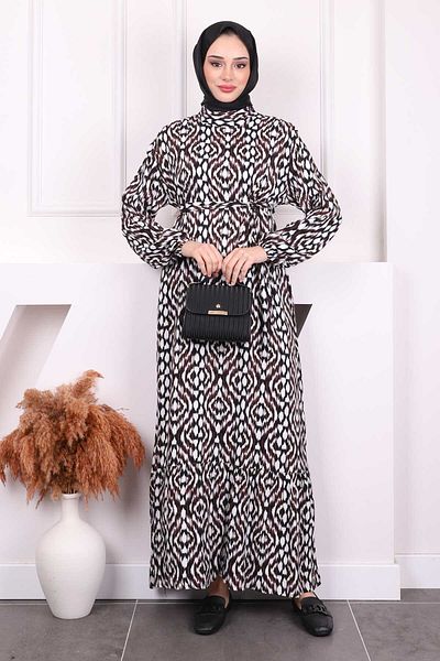 İmajButik Brown Patterned Skirt Layered Viscon Dress
