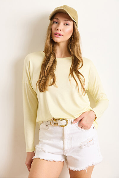 Olalook Kadın Sarı Bisiklet Yaka Yarasa Dökümlü Viskon Bluz BLZ-19002588