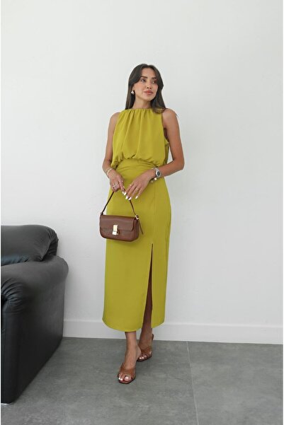 Havoş Oil Green Dress with Gather Detail on Top
