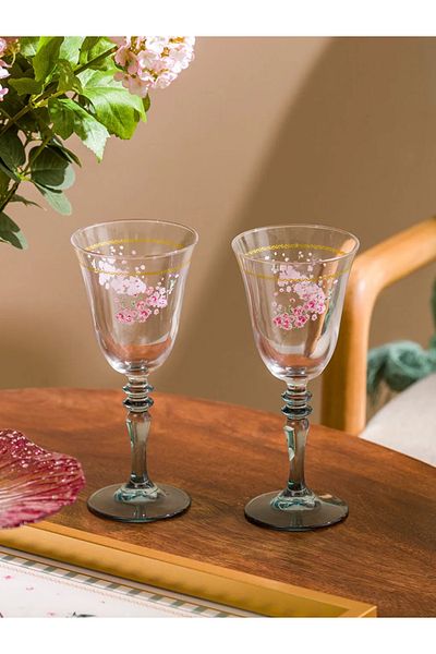 LC Waikiki Lcw Home Mixed Flower Printed Glass Footed Water Glass Set of 2 270 ml