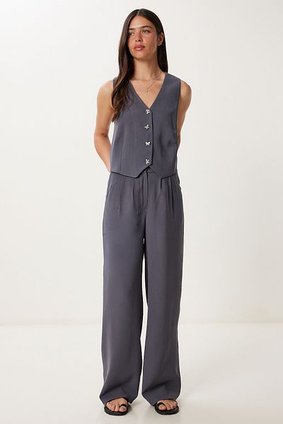 Lovelyİstanbul Bow Button Linen Vest Trousers Suit Smoked Lrv0110