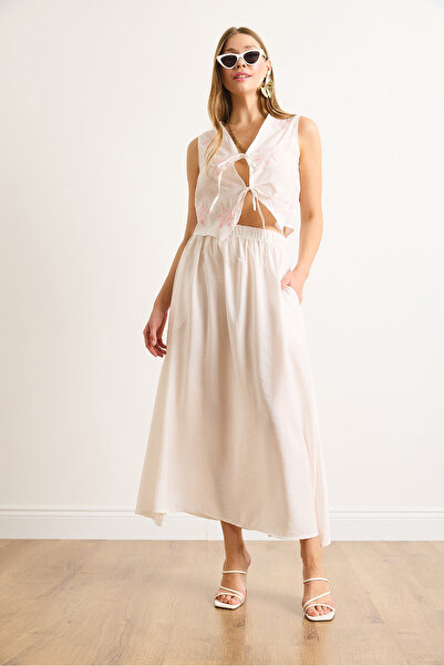 Olalook Women's White Modal Top Embroidered Vest Bottom Pocket Flared Skirt Suit Tkm-19000402