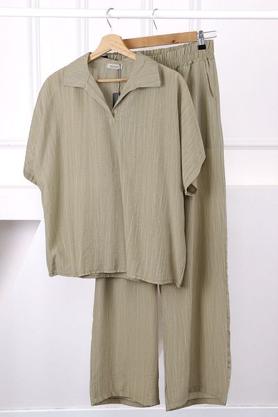 İmajButik Ανοιχτό χακί πουκάμισο εκτός ώμου Λινό κοστούμι με παντελόνι