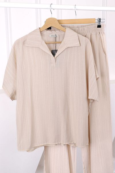 İmajButik Μπεζ πουκάμισο Off Shoulder Λινό Σετ με Παντελόνι