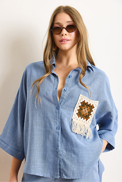 Olalook Kadın İndigo Cep Detaylı Geniş Kol Yıkamalı Keten İçerikli Gömlek GML-19001353