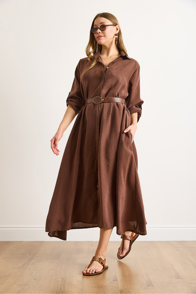 Olalook Kadın Kahverengi Modal Cepli Kemerli Gizli Patlı Maksi Gömlek Elbise ELB-19002456