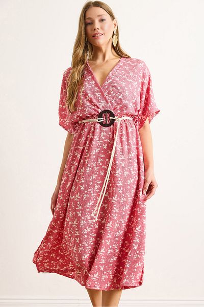 Olalook Γυναικείο Dusty Rose Ζώνη με διπλό γιακά με σχισμή μίντι φόρεμα ELB-19002458