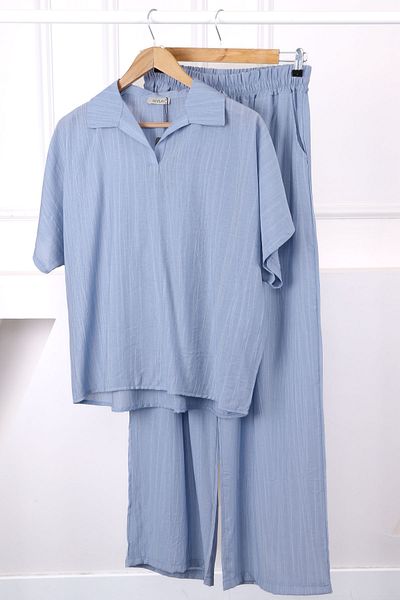 İmajButik Μπλε πουκάμισο εκτός ώμου Λινό κοστούμι με παντελόνι