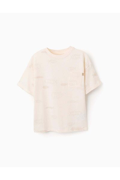 Ziddy Cotton T-shirt with Pattern for Boys 'Herringbone', Beige