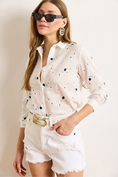 Olalook Cămașă pentru femei, albă, bleumarin, cu flori din bumbac, GML-19001326