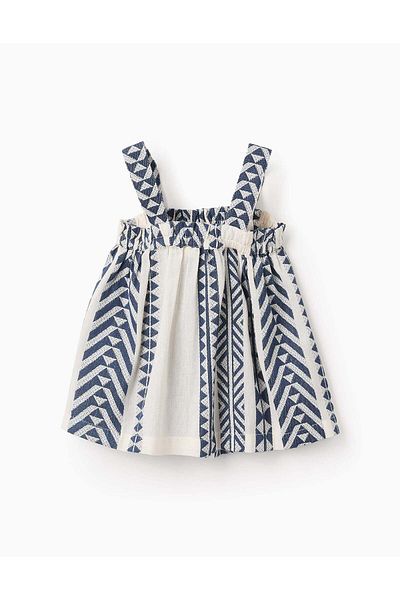 Ziddy Ethnic Pattern Cotton Top for Girls, Beige/Blue