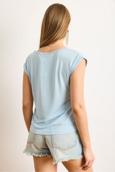 Olalook Γυναικεία Baby Blue Ασημί ραφές Λεπτομερής πλεκτή μπλούζα βισκόζης με λαιμόκοψη V BLZ-19002659