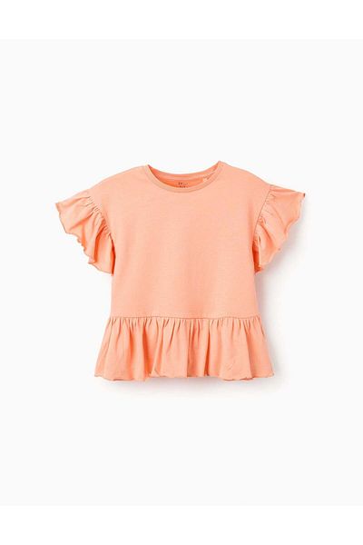 Ziddy Cotton T-shirt with Ruffles for Girls, Coral