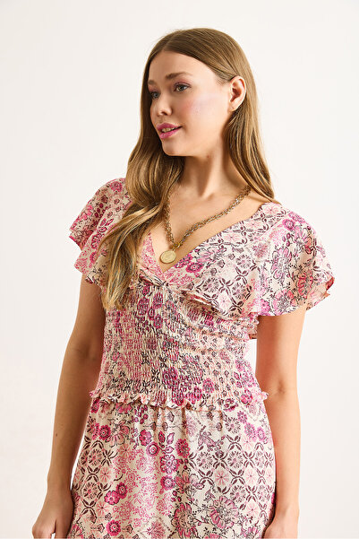 Olalook Γυναικεία ροζ φλοράλ μπροστινή πλάτη V βολάν υφασμένη βισκόζη μπλούζα BLZ-19003032