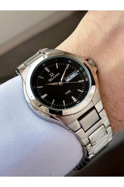 Belonni Classic Model Black Dial Calendar Metal Band Wrist Watch